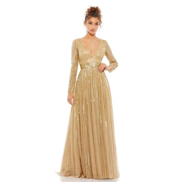 MAC DUGGAL 4977 Sequined V Neck Illusion Long Sleeve A Line Gown Taupe 4 NEW - Picture 1 of 12